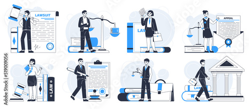 Lawyers characters, law firm workers and legal service. Professional lawyer, law, justice and punishment systems flat vector illustration set. Advocate legal service