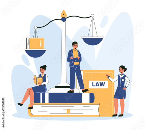 Law and justice legal service workers, lawyer, notary concept. Lawyers litigation issues, people with body of law and scales of justice vector flat illustration. Justice scene