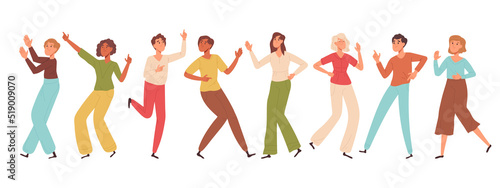 Happy dancing people, men and women moving to music. Male and female dancers characters dancing and enjoying disco party flat vector illustration set. Dancing humans collection