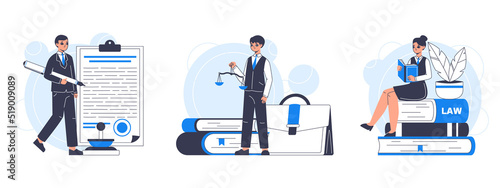 Professional lawyers, litigation, punishment and justice system workers. Law firm service, litigation support and consultation flat vector illustration set. Lawyers characters scene