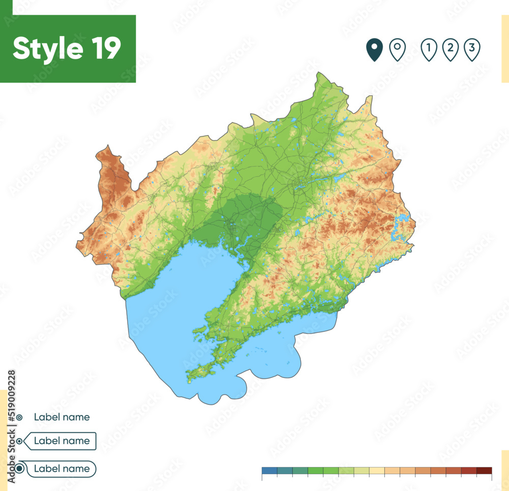 Obraz premium Liaoning, China - high detailed physical map. Vector map. Dem map.