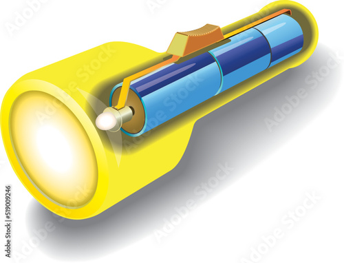 Physics and Science. Vector illustration of flashlight and batteries. Flashlight of light vector flat set icon. Spot or flashlight lighting. Flashing light lantern illustration set isolated on white