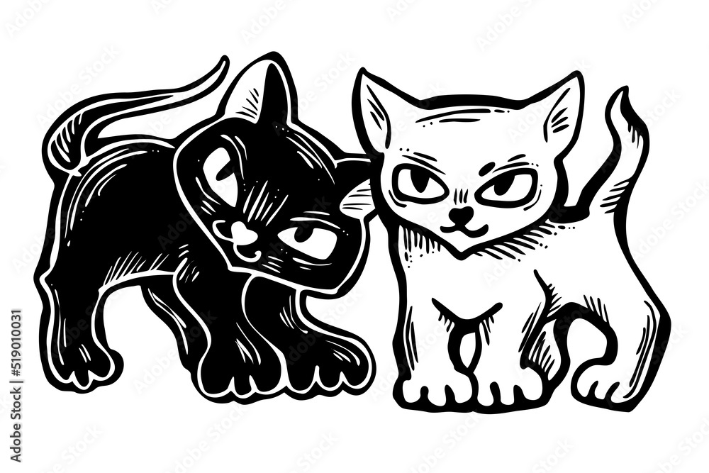 Fototapeta premium Cute cats friends sitting together. Decorative border, banner, postcard, poster print for kids room or birthday. Logo design for veterinary. Hand drawn illustration. Cartoon style character drawing.
