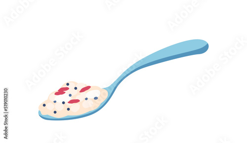Oatmeal Porridge Or Yoghurt In Spoon Isolated On White Background. Healthy Cereal Breakfast Icon, Oat Flakes tasty Snack