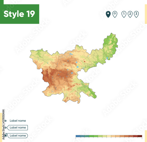 Jharkhand, India - high detailed physical map. Vector map. Dem map.