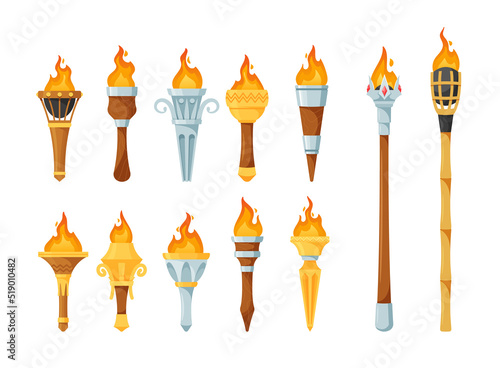 Set Of Medieval Torches With Burning Fire. Ancient Metal And Wooden Brands Of Different Shapes With Flame Game Elements