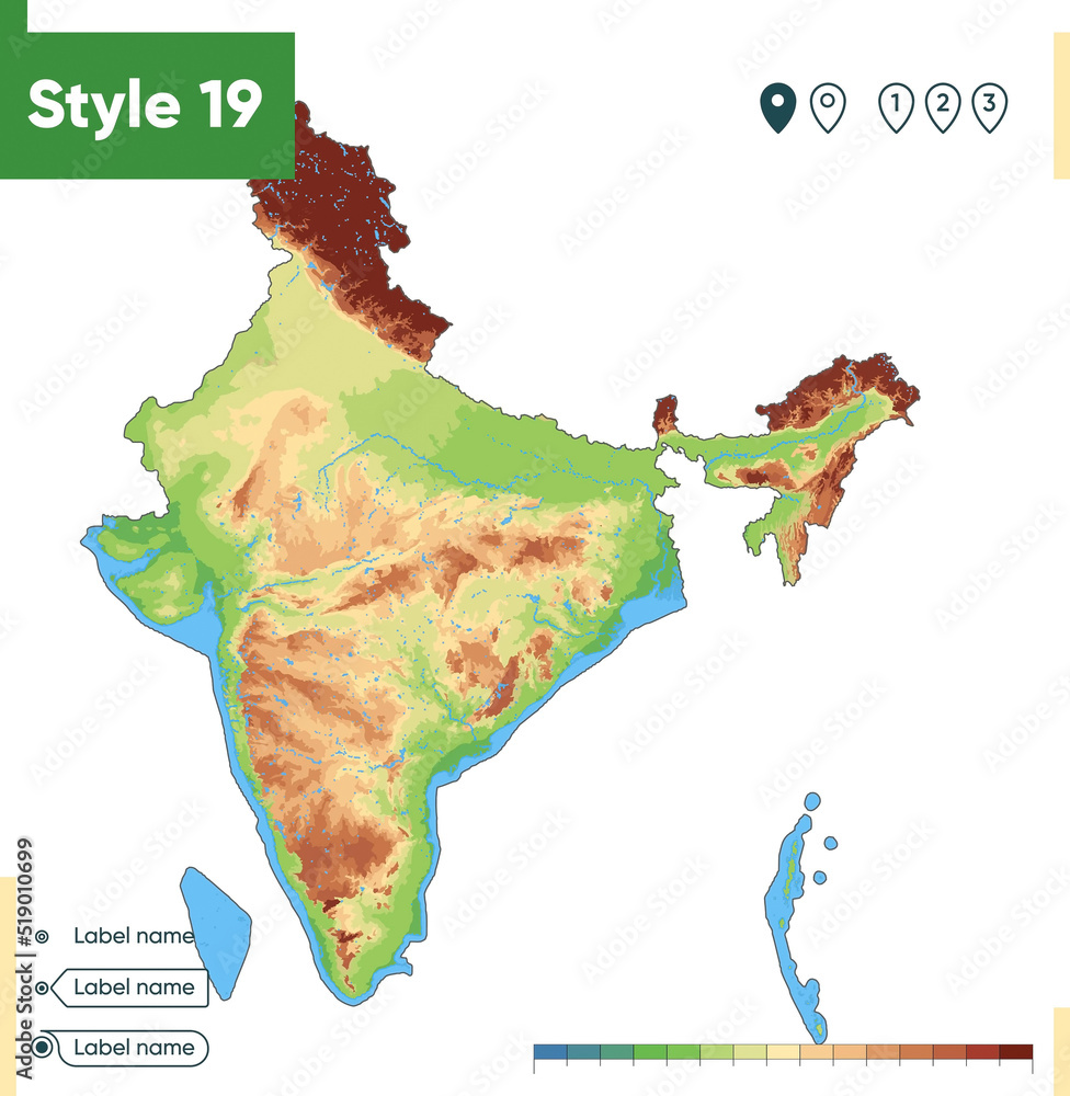 Realistic Map Ind India - high detailed physical map. Vector map. Dem map. Stock Vector ...