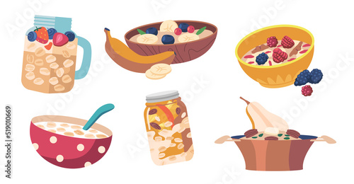 Set Oatmeal Healthy Breakfast, Bowl With Porridge And Spoon, Cereal Muesli Flakes With Fruits, Milk, Yogurt, Berries