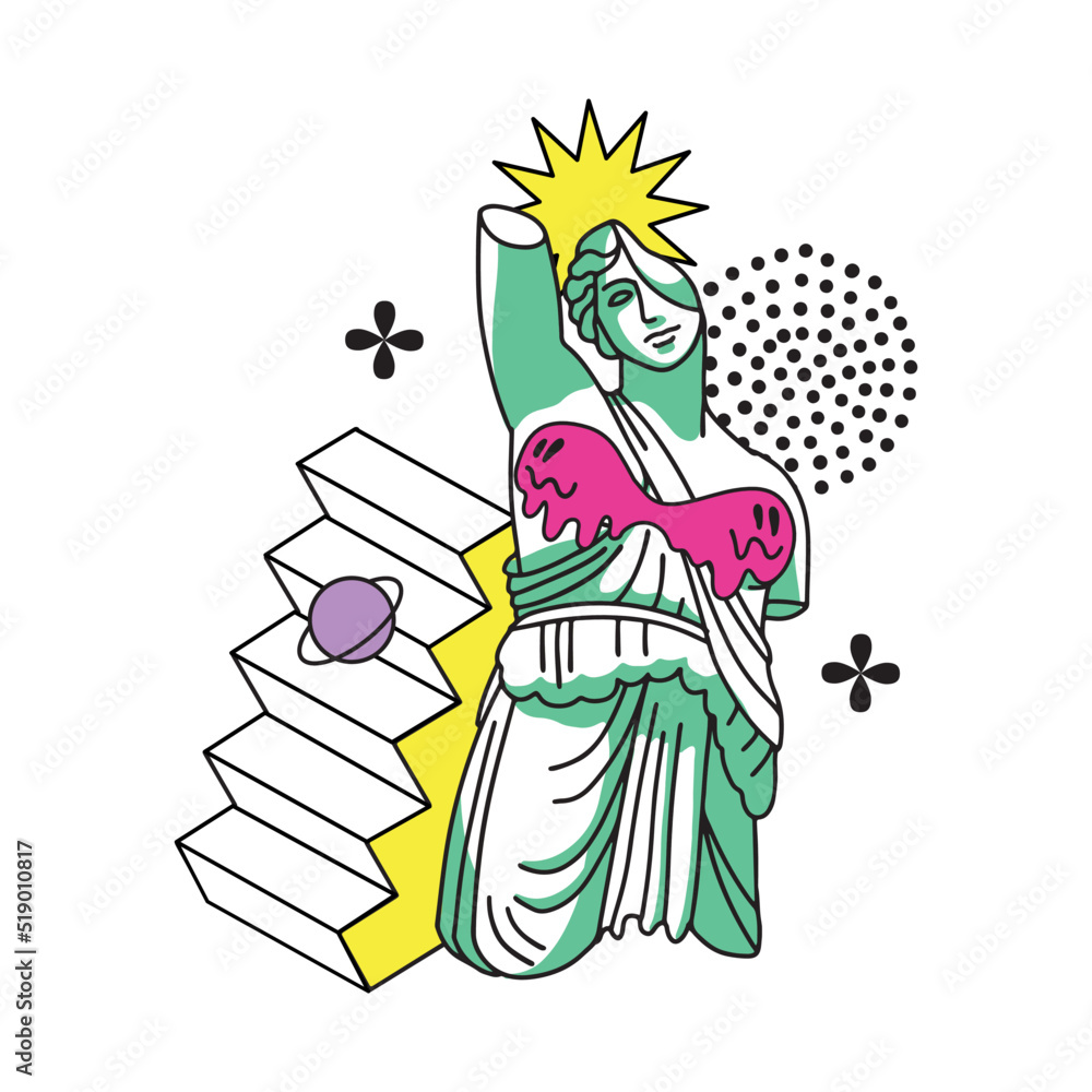 Fototapeta premium Silhouette of Greek trippi sculpture with surreal and antique abstract elements. Contour vector illustration with color spots. Psychedelic emoticons in the style of the 1990s.