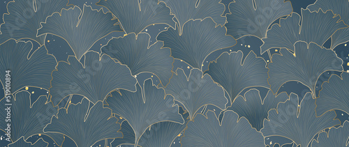 Abstract luxury blue background with ginkgo leaves in hand drawn golden line style. Botanical banner for packaging design, textile, decor, wallpaper, print.