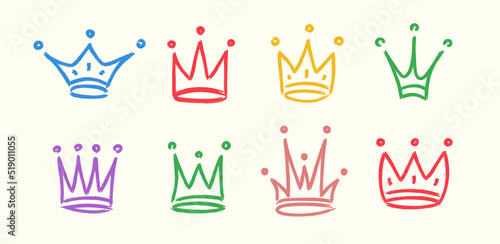 Hand drawn crowns icon set isolated on white background for queen icon  princess diadem symbol  doodle illustration  pop art element  beauty and fashion shopping concept. Crown icon. vector 10 eps