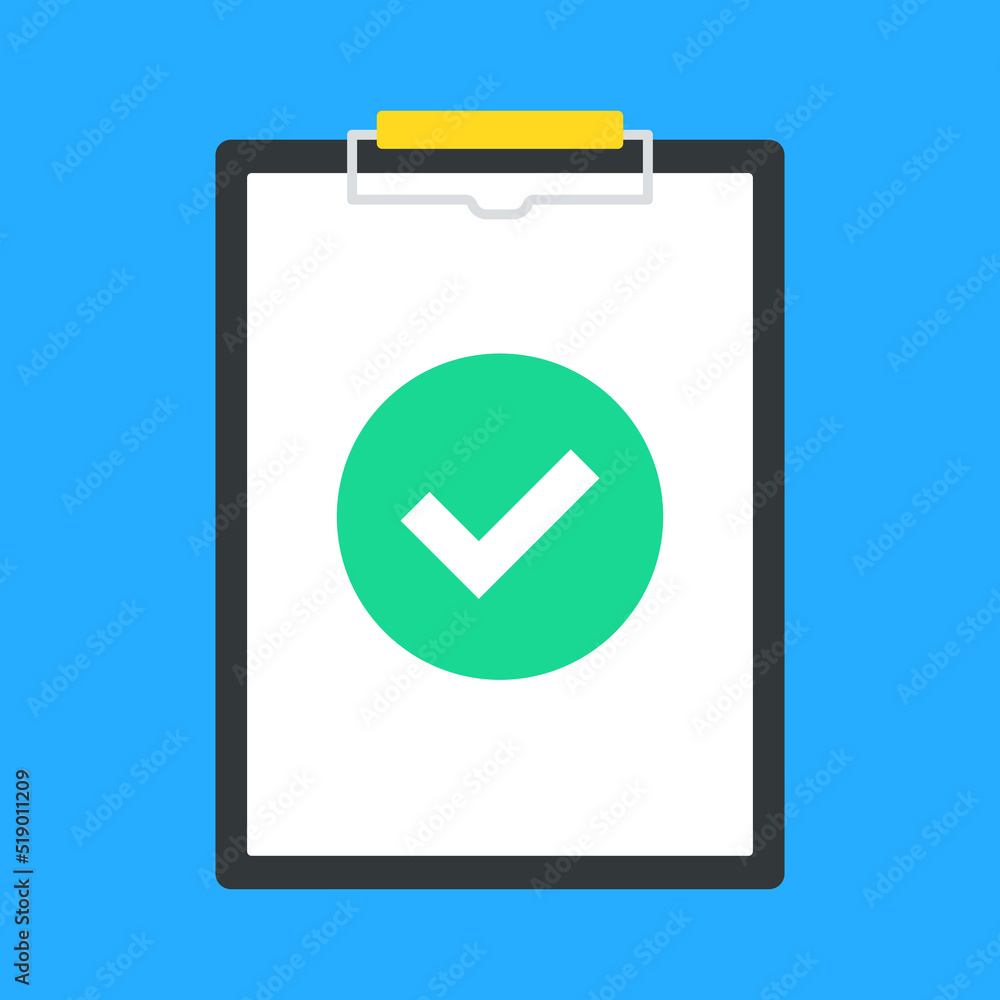 Clipboard and green check mark. Document and tick. Vector illustration Clipboard and green check mark. Document and tick. Vector illustration