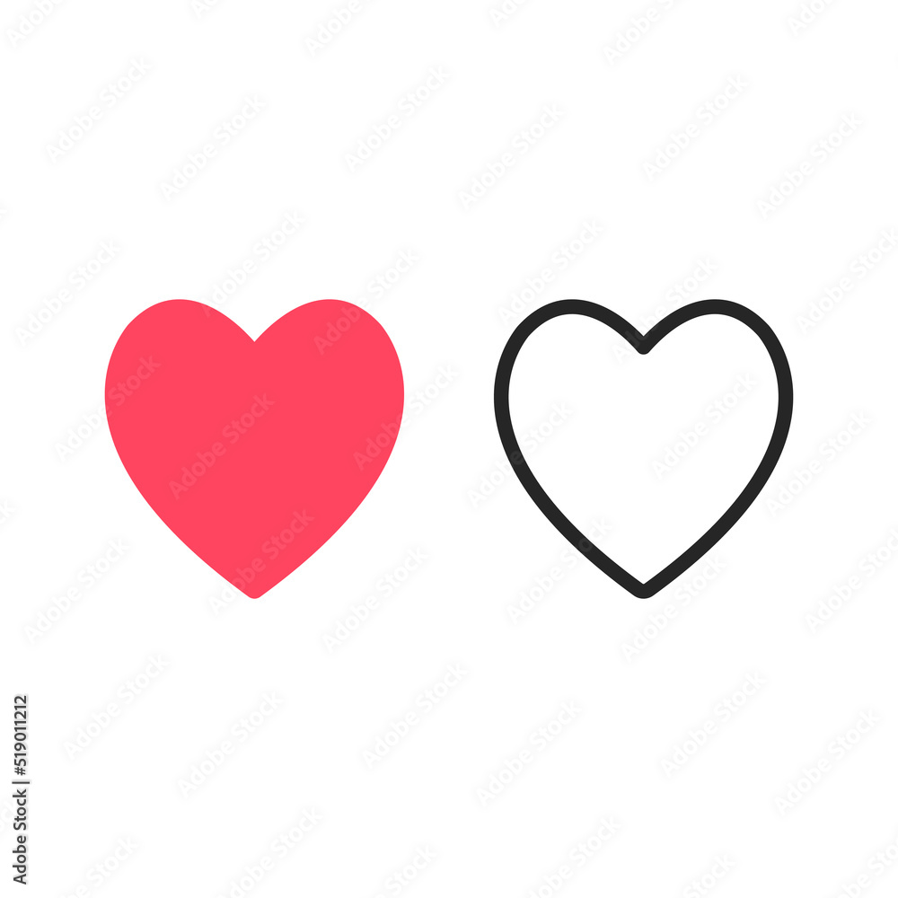 Heart icons set. Red heart and black line heart symbols. Vector icons isolated on white background Heart icons set. Red heart and black line heart symbols. Vector icons isolated on white background