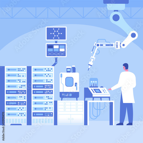 Automated scientific laboratory interior with robotic technology Scientists analyses data of research, robotic arms make test in flasks on modern professional lab equipment Vector science illustration