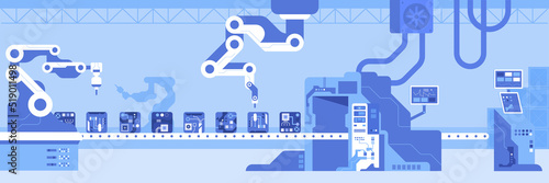Robotized equipment assembling electrical items flat color vector illustration. Production line and conveyor. Industrial progress 2D simple cartoon objects in workshop with machine tools on background