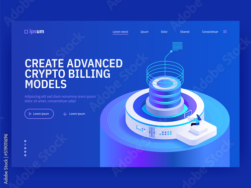 Create advanced crypto billing models isometric vector image on blue background. Digital invoices for partners. Blockchain and business. Web banner with space for text. Composition with 3d components