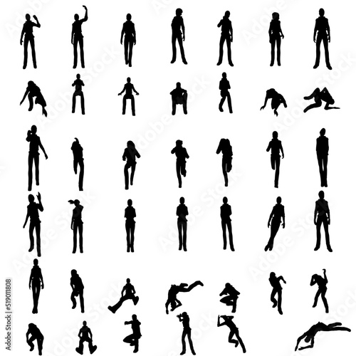 Various girl's poses in black fill. Vector style.