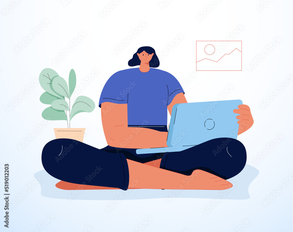 Young smiling woman sitting with crossed legs, holding laptop. Freelance, studying, online education, work at home, work Young smiling woman sitting with crossed legs, holding laptop. Freelance, studying, online education, work at home, work