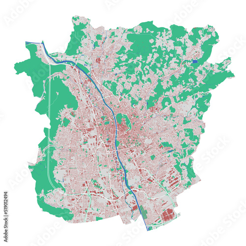 Graz vector map. Detailed map of Graz city administrative area. Cityscape panorama. Road Map with buildings, water, forest.