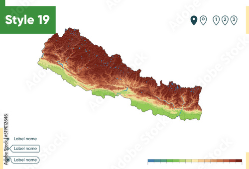 Nepal - high detailed physical map. Vector map. Dem map.