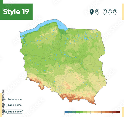 Poland - high detailed physical map. Vector map. Dem map.