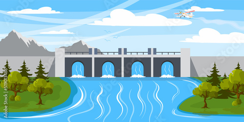 Vector illustration of a beautiful dam. Cartoon mountain landscape with big river, reservoir, trees, birds, aircraft.