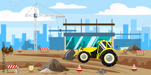 Vector illustration of beautiful building construction. Cartoon urban buildings with construction equipment, tractors, tower cranes, cones, barriers, earth and city in the background.