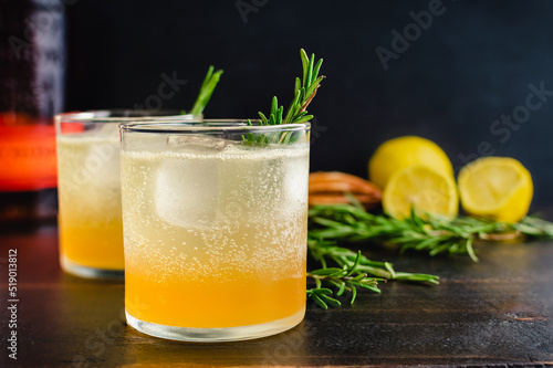 Sparkling Rosemary-Lemon Bourbon Cocktail: American whiskey cocktails served over ice with a rosemary garnish