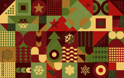Geometryczna świąteczna kompozycja - kolorowa mozaika z gwiazdkami i płatkami śniegu na Boże Narodzenie. Powtarzający się wzór w stylu bauhaus do zastosowania jako tło do projektów.