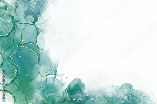 Pastel cyan mint liquid marble watercolor background with gold lines and brush stains. Teal turquoise marbled alcohol ink drawing effect. Vector illustration backdrop, watercolour wedding invitation.