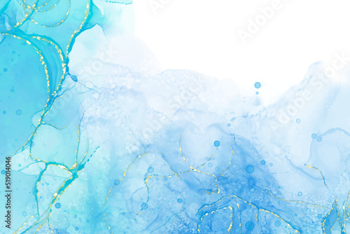 Pastel cyan mint liquid marble watercolor background with gold lines and brush stains. Teal turquoise marbled alcohol ink drawing effect. Vector illustration backdrop, watercolour wedding invitation.