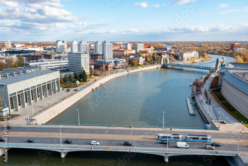 Aerial view of Wroclaw city, bridges passing over Odra river in Wroclaw, Poland
