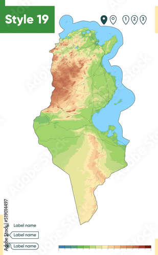 Tunisia - high detailed physical map. Vector map. Dem map.