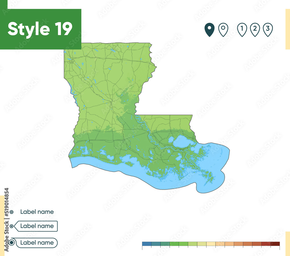 Louisiana, USA - high detailed physical map. Vector map. Dem map.