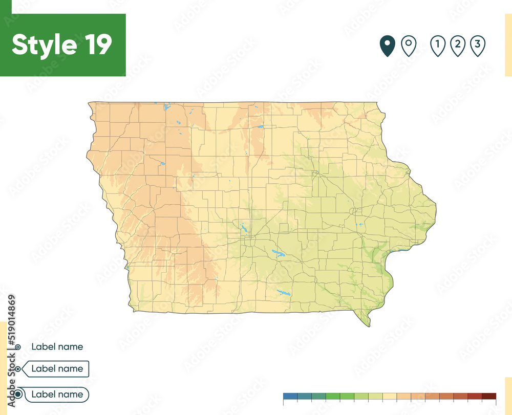 Iowa, USA - high detailed physical map. Vector map. Dem map.