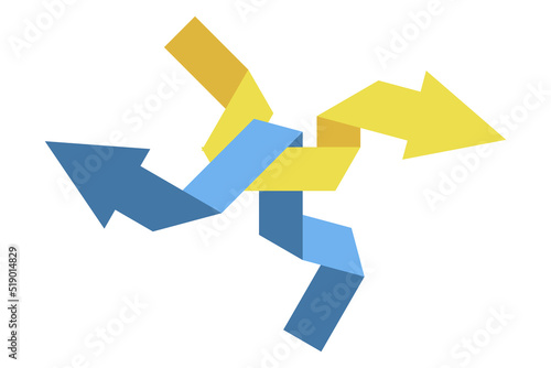 Arrows strategy. Origami paper arrows pointing in different directions; intersecting. Strategy concept. Two different ways. Flat design.