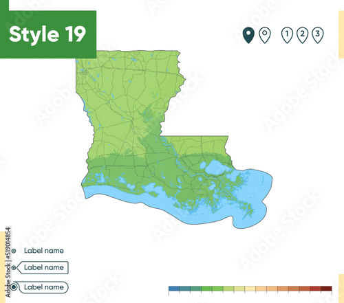 Louisiana, USA - high detailed physical map. Vector map. Dem map.