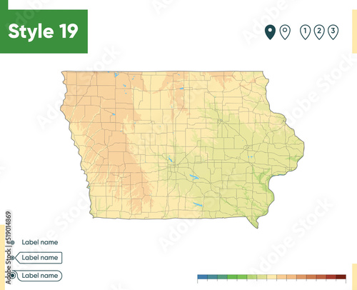 Iowa  USA - high detailed physical map. Vector map. Dem map.