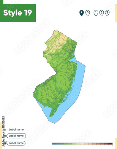 New Jersey, USA - high detailed physical map. Vector map. Dem map.