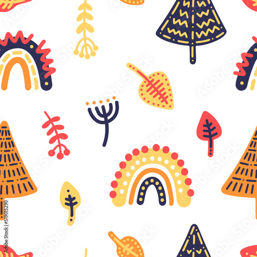 Cozy autumn forest vector pattern in scandinavian style. Cute cartoon rainbows, Christmas trees, leaves and flowers on a white background for prints, textiles, wrappings, postcards, interiors, clothes
