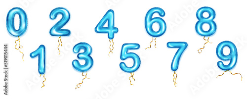 Set of foil blue balloons shape of numbers from 0 to 9 with golden ribbons