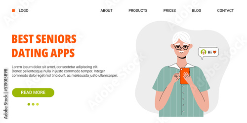 Old man use mobile phone. Nice elderly male character using dating apps, social media. Communicate in net for older person. Landing page template, web banner. Cute vector illustration in flat style.