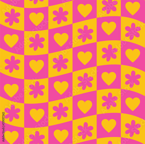 Groovy Wavy Melted Psychedelic purple pink funky Checkerboard with daisy flowers and hearts Y2K 90s seamless pattern vector background. Retro hippie trippy optical repeat texture wallpaper, textile
