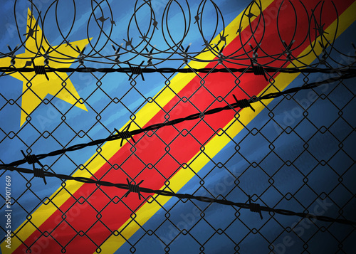 Democratic Republic of the Congo flag behind barbed wire and metal fence