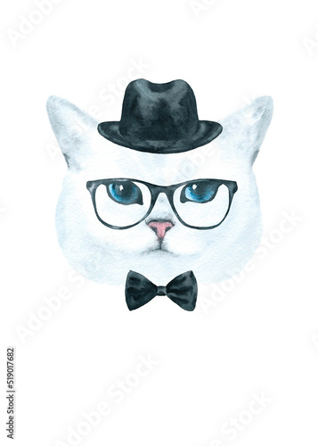 Watercolor hand-painted cat british shorthair breed illustration.Cat in costume black hat glasses  happy birthday. Cute hipster  animal head  face portrait  cute baby cat isolated for baby shower card