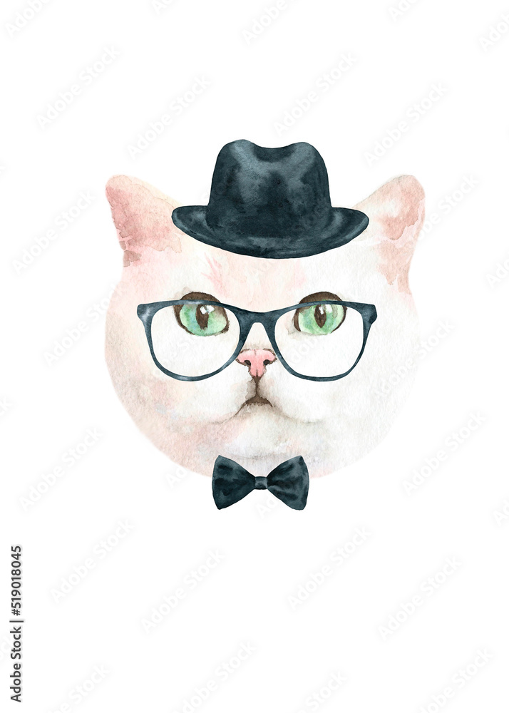 Watercolor hand-painted cat british shorthair breed illustration.Cat in costume,flower wreath,hat, happy birthday. Cute hipster, animal head, face portrait, cute baby cat isolated for baby shower card