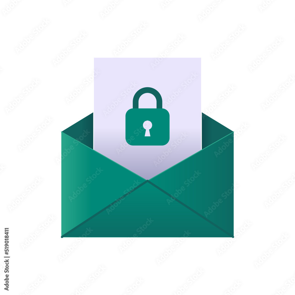 Security protected 3d email green envelope with attached file with safeguard padlock, vector illustration Security protected 3d email green envelope with attached file with safeguard padlock, vector illustration