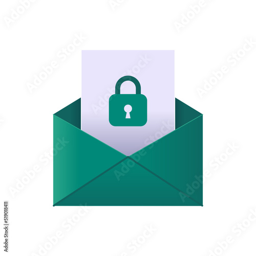 Security protected 3d email green envelope with attached file with safeguard padlock, vector illustration
