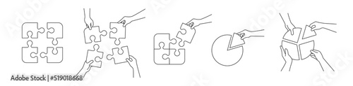 Set concepts investments and teamwork with a piece of chart and puzzle in hands line style vector illustration