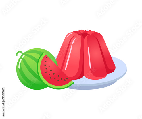 Red jelly sweet dessert on plate with watermelon berry cartoon vector illustration